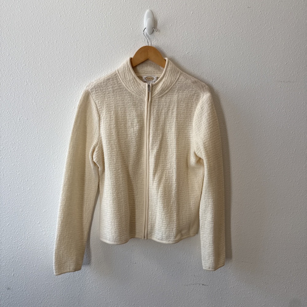 Talbots Wool Zip Cardigan 100% Wool Cream New Vintage Cardigan Size L Zip Jacket